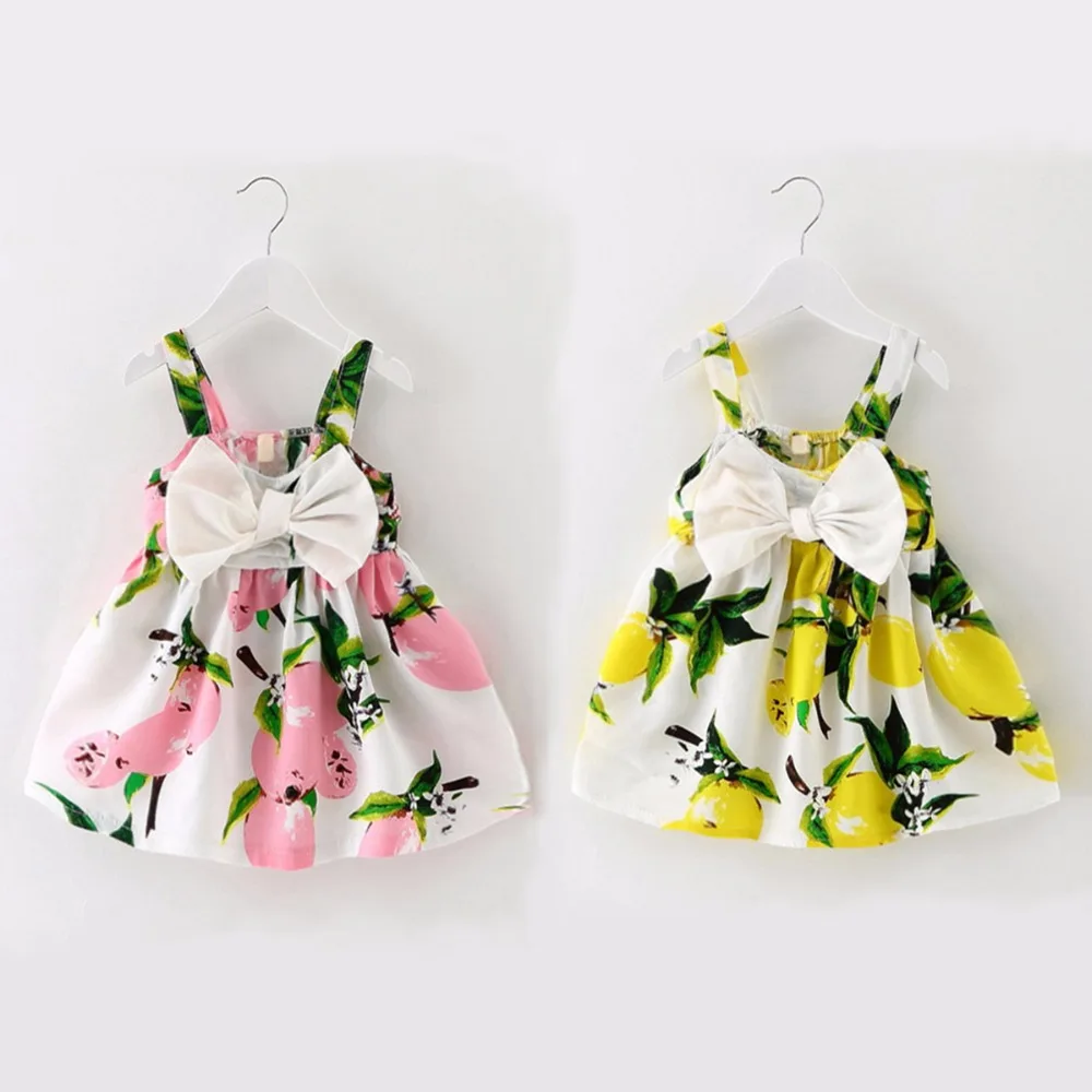 

Puseky 2017 Summer Infant Baby Girls Floral Fruit Bow Dress Lemon Print Bowknot Sleeveless Sundress Clothes Baby Girl Dress 0-3Y