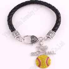 Rhinestone Softball Charm And Get Free Shipping On Aliexpress New Arrival Rhodium Plated With Sparkling Crystals I Love Softball Charm Bracelet Rope Chain China
