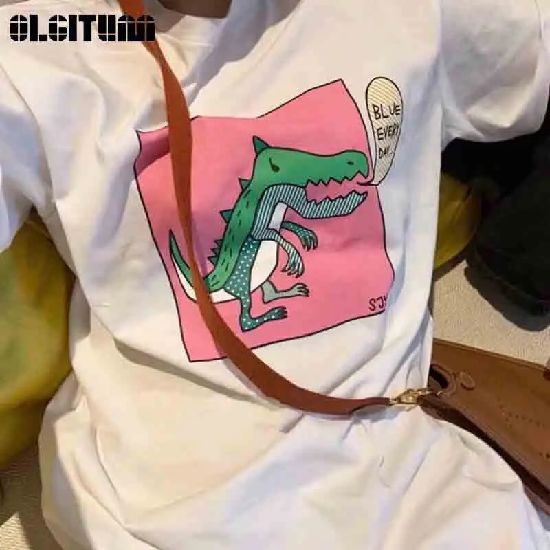 Женская футболка с круглым вырезом свободного покроя принтом динозавра модель