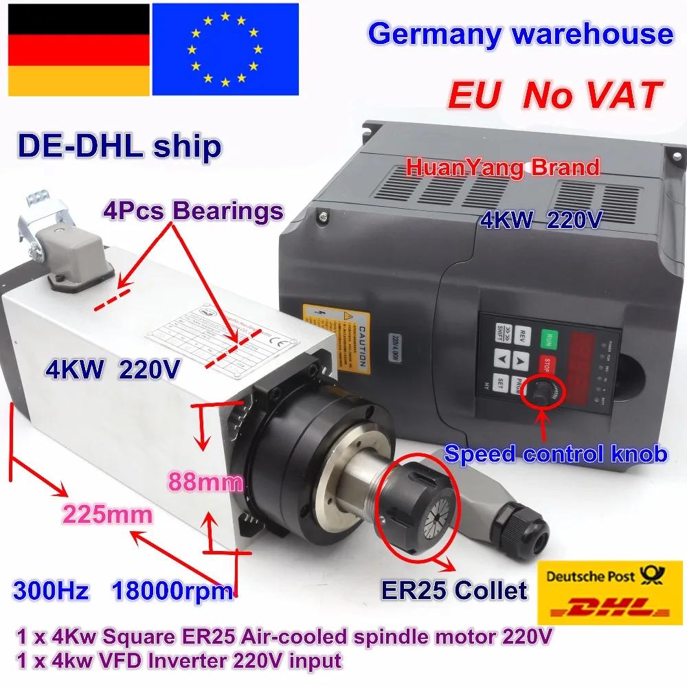 DE ship Square 4kw ER25 Air cooled Spindle Motor 4 bearings & 4kw VFD Inverter 220V for CNC Router Engraving Milling Machine цена DE ship Square 4kw ER25 Air cooled Spindle Motor 4 bearings & 4kw VFD Inverter 220V for CNC Router Engraving Milling Machine цены онлайн