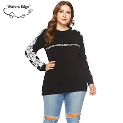 Кромки воды Новый Письмо Цветочный Большой Размеры Для женщин кофта-топ 4xl 5xl 2018 Мода осень, для женщин уличной пуловеры черный, белый цвет