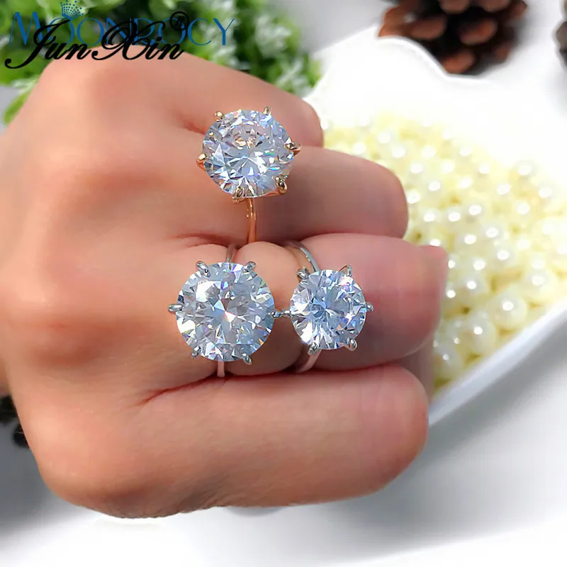 

JUNXIN Female Austrian Crystal Big Round Rings For Women 925 Silver Rose Gold Filled White Wedding Thin Ring Engagement Jewelry