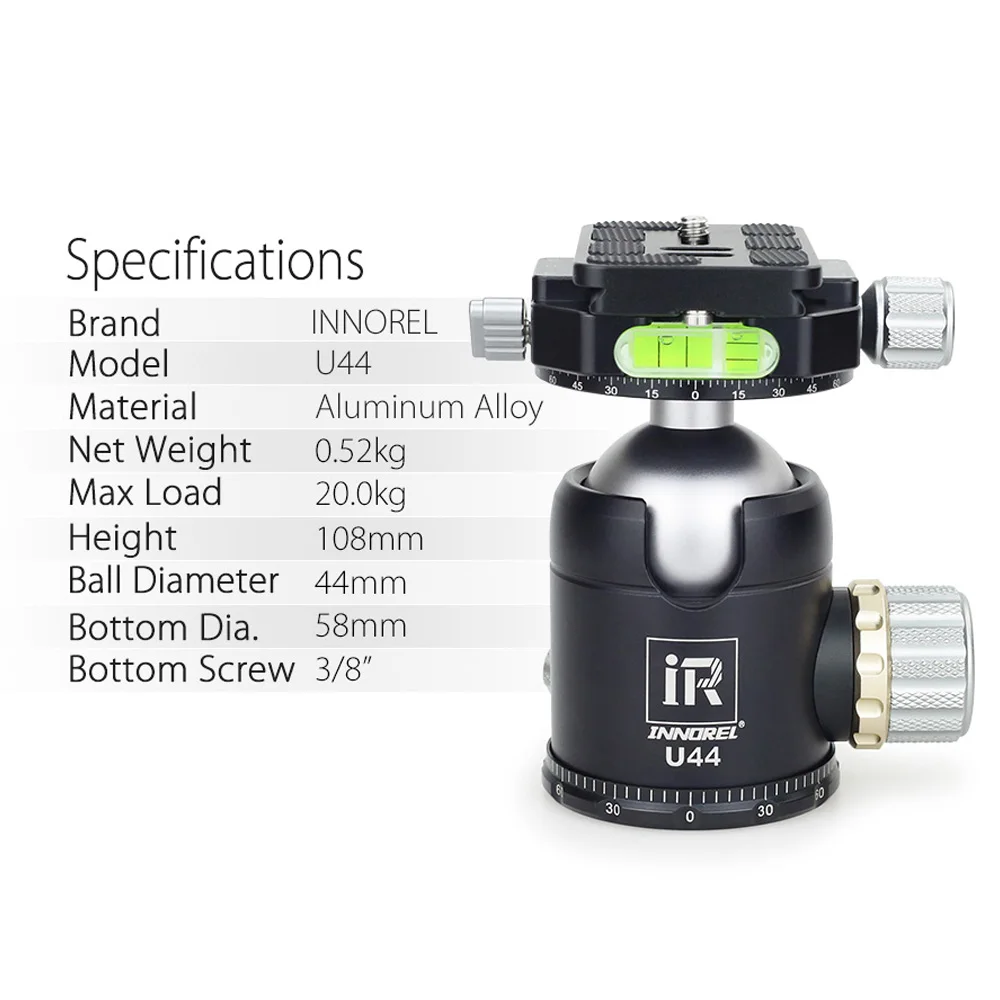 INNOREL professional top quality U44 20kg load 720 degree DSLR Camera tripod fluid video ball head ball head for tripod monopod 6