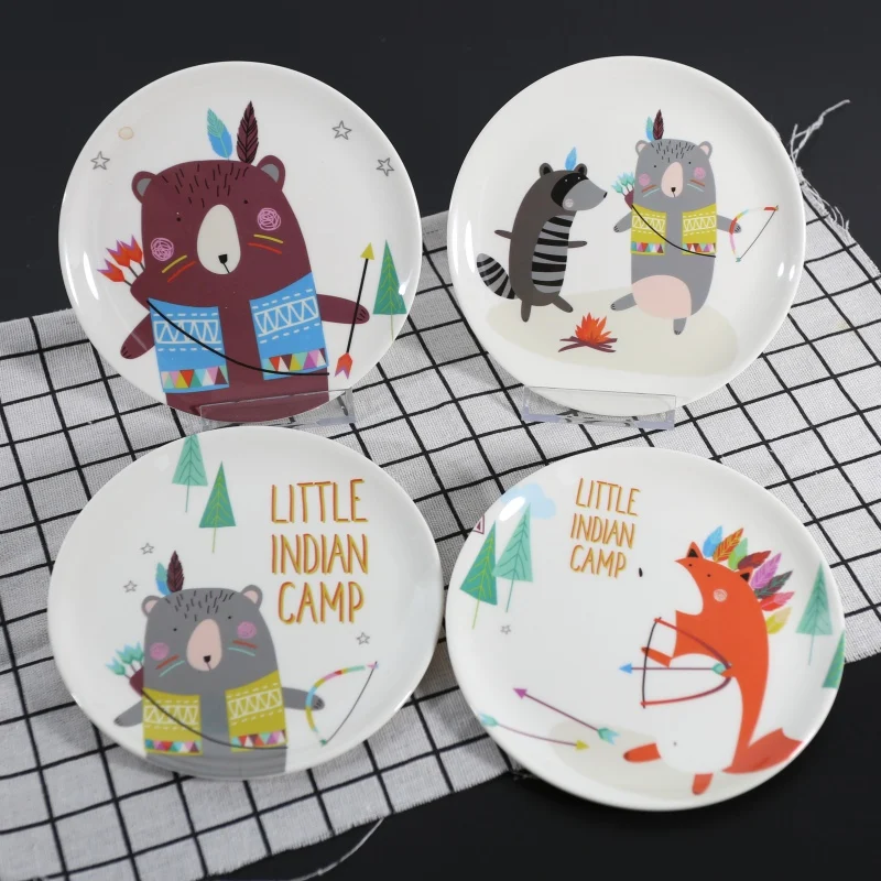 

Cartoon Bear Fox Dinner Plate Snack Tableware Imitation Porcelain Tableware Dessert Dish Child Round Breakfast Plate