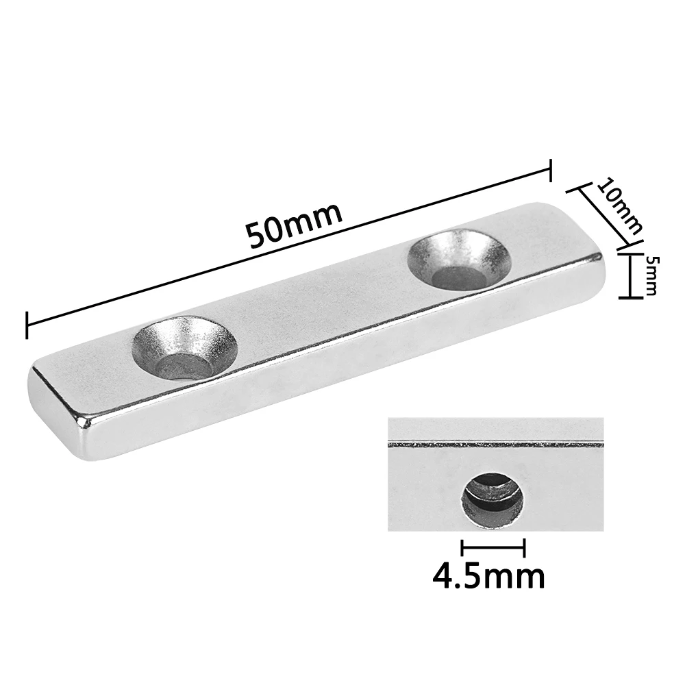 3 шт. 50*10*5 мм двойное отверстие 4,5 мм N52 Сильный кубический блок магнит потайной Редкоземельные неодимовые постоянные магниты 50x10x5 мм