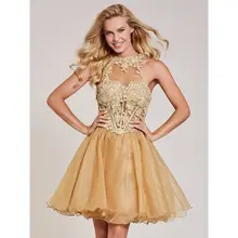 Dressv коктейльное платье с аппликацией цвета шампанского, с бретельками на шее, без рукавов, длиной до колена, ТРАПЕЦИЕВИДНОЕ ПЛАТЬЕ для девушек, Короткие коктейльные платья для выпускного вечера