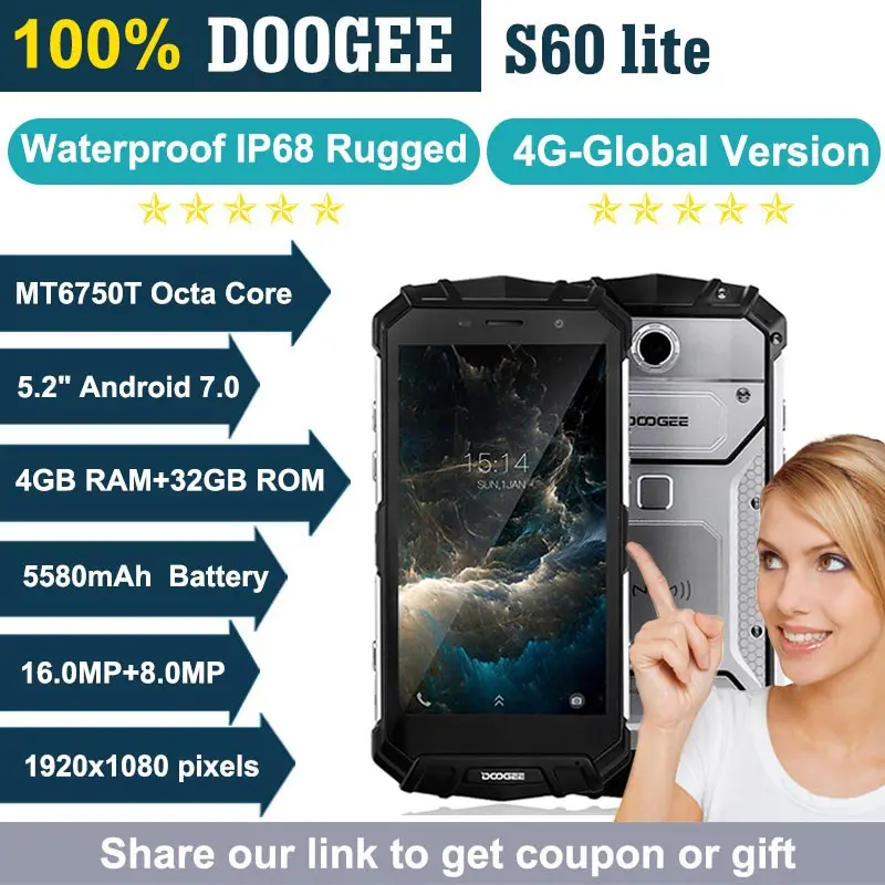 DOOGEE S60 lite мобильный телефон IP68 Водонепроницаемый 5," FHD 4 Гб+ 32 ГБ MT6750T Восьмиядерный 16 МП 5580 мАч NFC Беспроводной зарядки смартфон