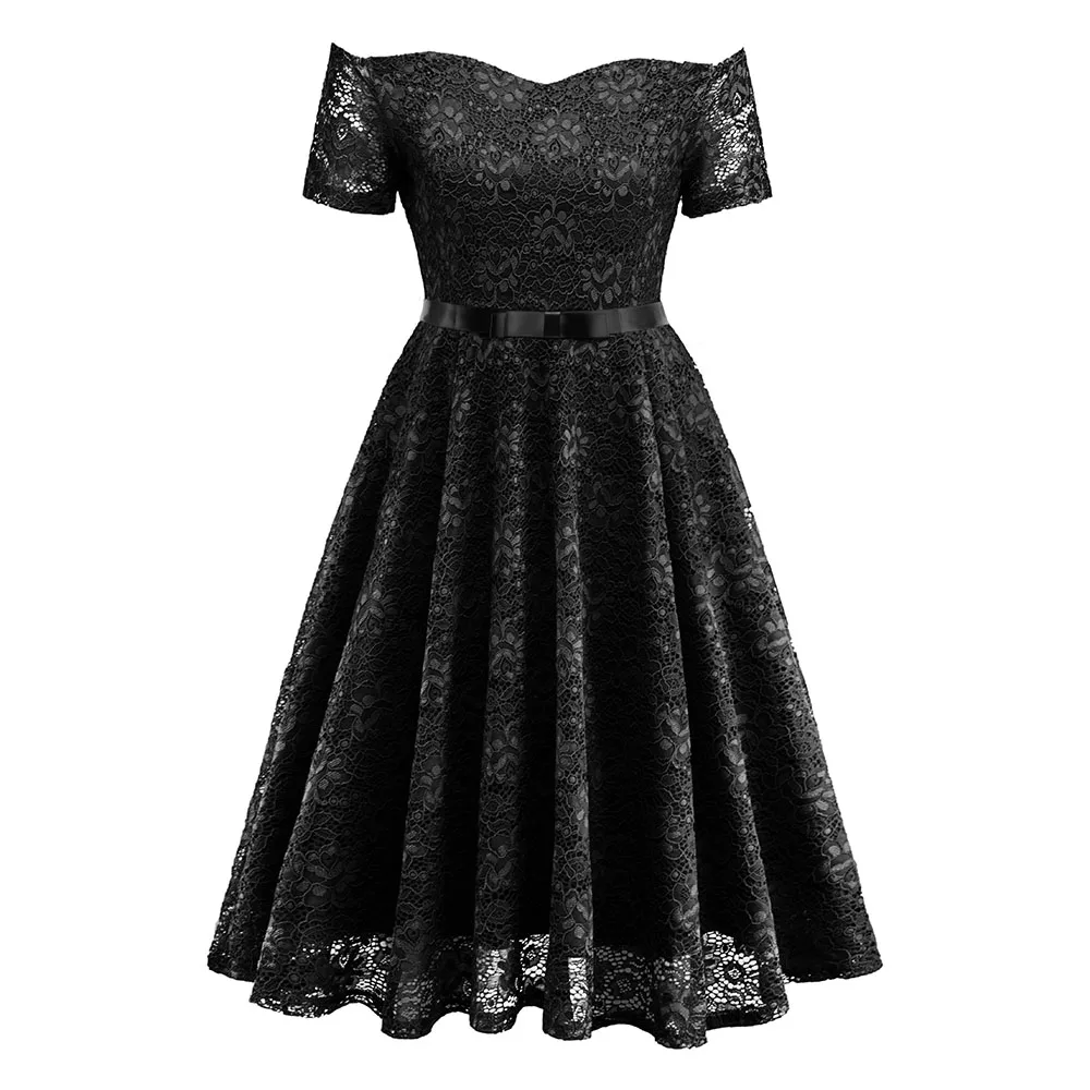 

Autumn Lace A-Line Slash Neck Pullover Plain Patchwork Lace Vintage Women Dresses Girls Sexy Office Lady Female Green Dress
