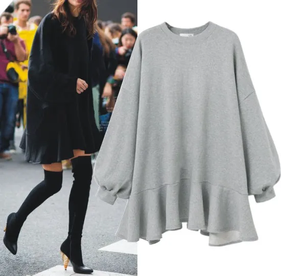 

Plus Size Sweater Dress Autumn Winter Batwing Sleeve O-neck Solid Ruffles Elastic Mini Dress Women Korean Casual Black Dress