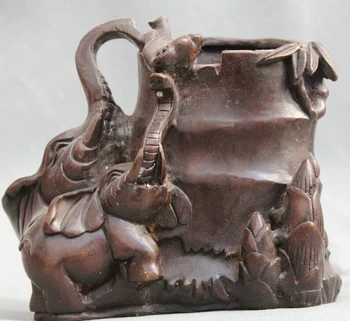 

song voge gem S1787 Marked China Chinese Dynasty Palace Bronze Two Elephant Statue Brush Pot Vase