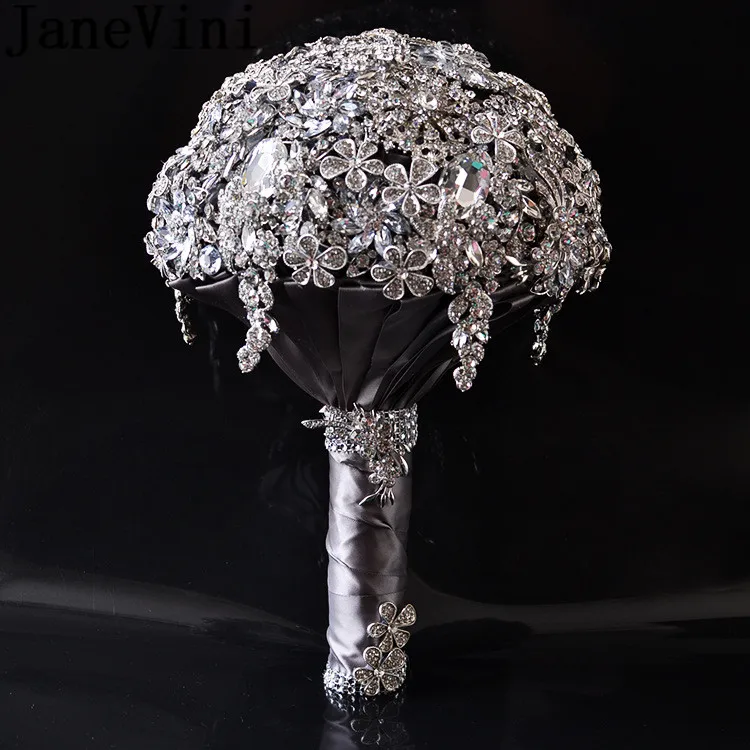 JaneVini Блестящий Кристалл Свадебный букет серый бисером свадебные букеты Роскошный Серебряный Алмаз Стразы букет невесты