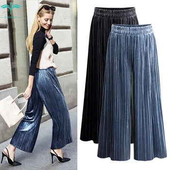 

OUMOWEI Women's Wide Leg Pants 2018 Fashion New Pleated Wide Leg Pants High Quality Velvet Casual Autumn Solid Color Trousers