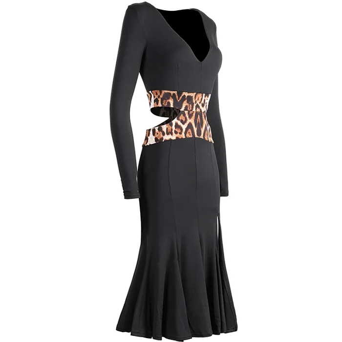 Новинка! Женское бальное платье для латинских танцев, сексуальное леопардовое платье с разрезом на подоле для бальных танцев, ча-сальса, танцевальное латинское платье DWY957 - Цвет: Черный