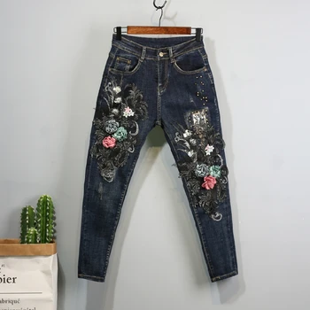 

Vintage Jeans Womens 2018 Fall Winter Embroidery Beading Appliques Denim Trousers Girls Students Slim Jean Pants Baisc Trouser