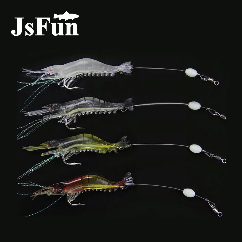 

JSFUN 4pcs/lot Artificial Shrimp Set 8cm 6g Fishing Lure Silicon Soft Bait Luminous Eyes Glow Bead fly fishing 4 Color FU225