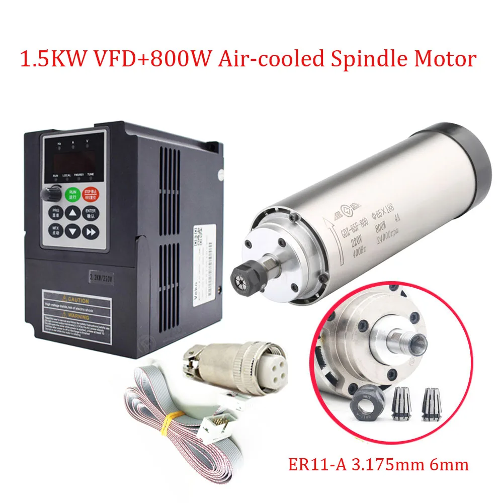 Набор шпинделей с ЧПУ 0.8KW 220V 5A 65*188mm 0.33NM 400HZ высокоскоростной шпиндель мотор + 1.5KW VFD