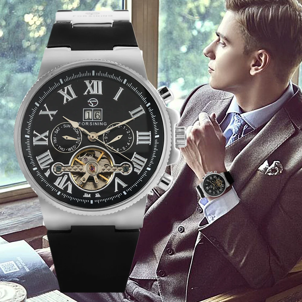 

Men's Automatic Mechanical Watch Skeleton Watch Silicone Strap Roman Numeral Dial Calendar Dispaly