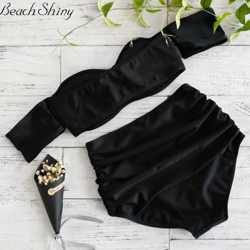 Billige Off Schulter Badeanzug 2019 Neue Ankunft Liebsten Bandeau Sexy Bikini Set Frauen Bademode Hohe Taille Schwarz Backless Badeanzüge
