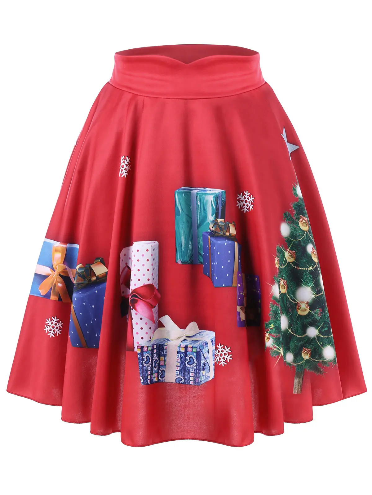 Kenancy 5XL Christmas Plus Size Tree and Gift Print Midi Skirt Women