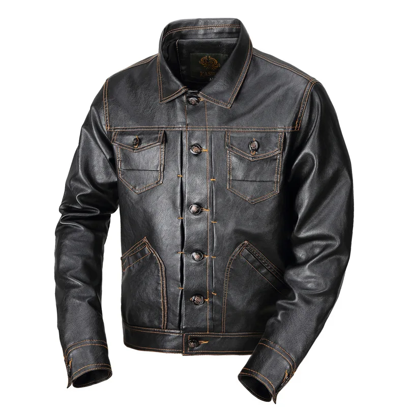 

German Air Force Ace Pilot Hartmann Faux Jacket Riders Replica Leather Military Jacket Short Turn Down Collar Slim Fit Coat