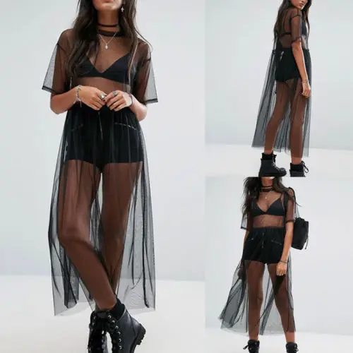 

Fashion Women Black Gauze Mesh Midi Dress Sheer Maxi Dress Tulle Lace Long Dress