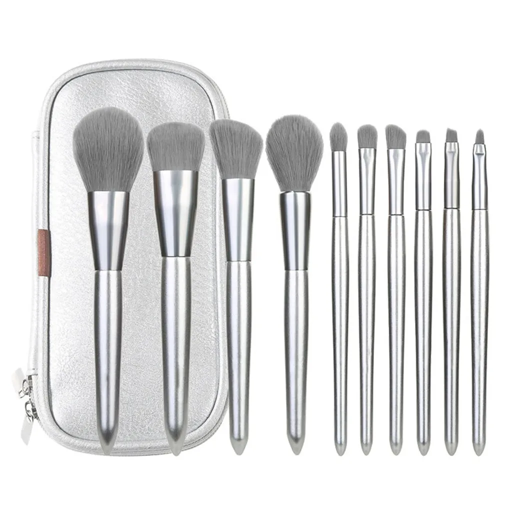 

10Pcs Makeup Brushes Set Elegant Professional Silver Microcrystal Blusher Face Lip Eye Shadow Eyeliner Foundation Blush