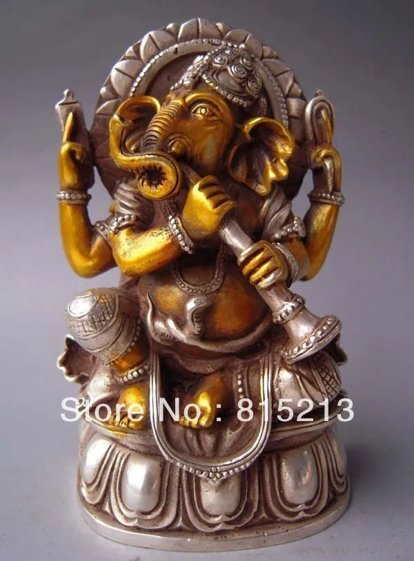 Ван 00090 Тибет свинка серебро бронза слон возглавлял Бога Ганеши Статуя