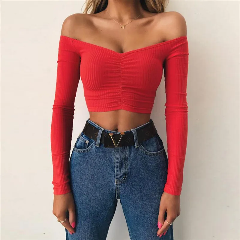 

Ahagaga 2019 Spring Tees T-Shirt Women Tops Casual Sexy Slim Slash Neck Long Sleeve Short Solid T Shirt Women t-shirts Blusas