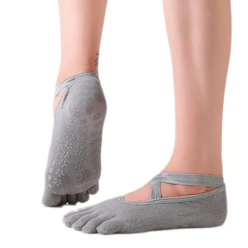 Высококачественные хлопковые носки для йоги с поперечным ремнем, профессиональные Нескользящие пластиковые носки для йоги, мягкая для фитнеса, носки с пятью пальцами - Цвет: Gray