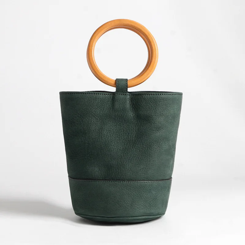 

Metal Ring Hand Bucket For Women Vintage Style Genuine Leather Shoulder Bags Sac Female Fashion Show Carry Packet Wood Ring Bag