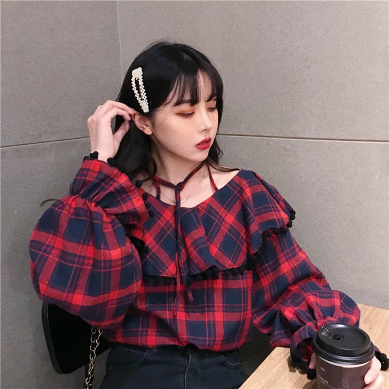 

Harajuku Big Ruffles Plaid Womens Tops and Blouses Vintage Slash neck Flare Sleeve Shirt Women Off Shoulder Top camisas mujer