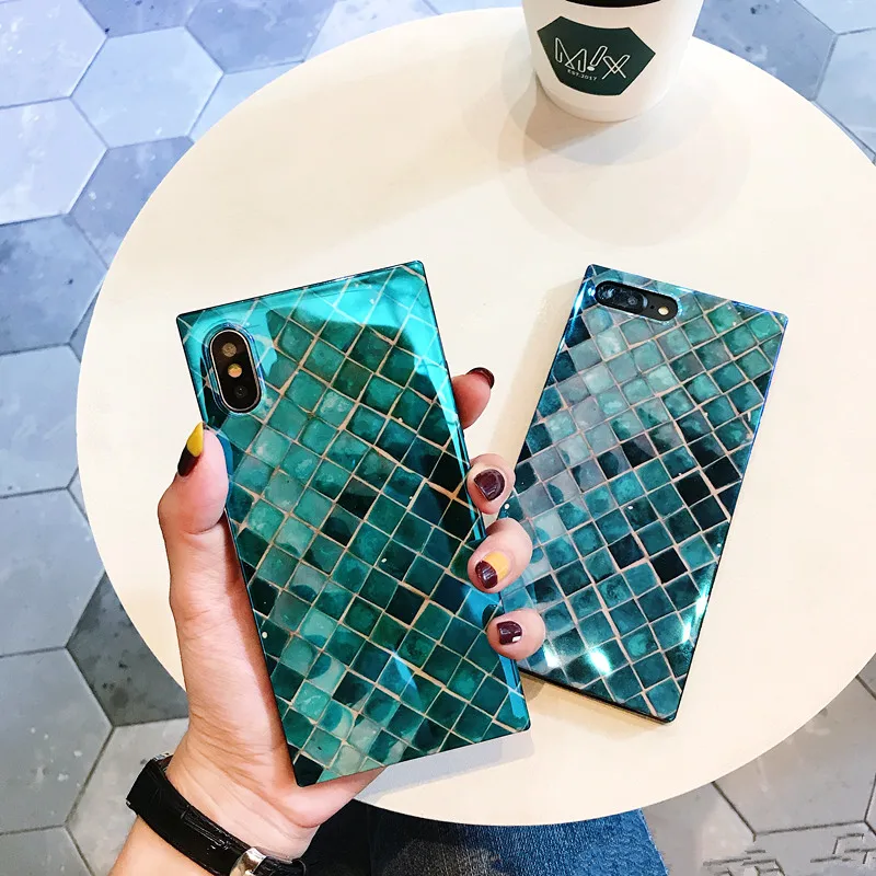 

Luxury Blu-Ray Square Phone Case For iPhone 6 6S 7 8 Plus X Soft silicon Fashion Fish scales Glossy Phone Back Cover Cases Coque