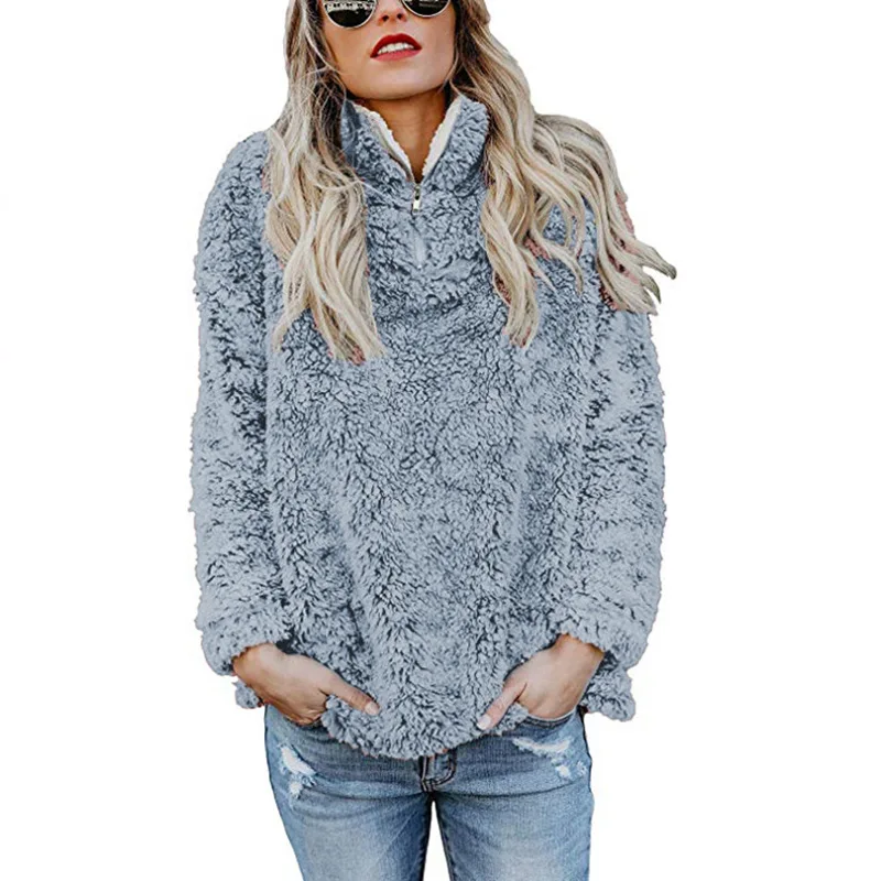 

Autumn Winter 2018 Sweatshirt Women Coat Turtleneck Zipper Fashion Fleece Fur Solid Loose Knitted Plush Hoodies Sweatshirts Tops