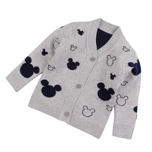 Хлопковый свитер с Микки Маусом для маленьких мальчиков; кардиган с v-образным вырезом для маленьких девочек; мягкая удобная вязаная теплая одежда; сезон зима-весна