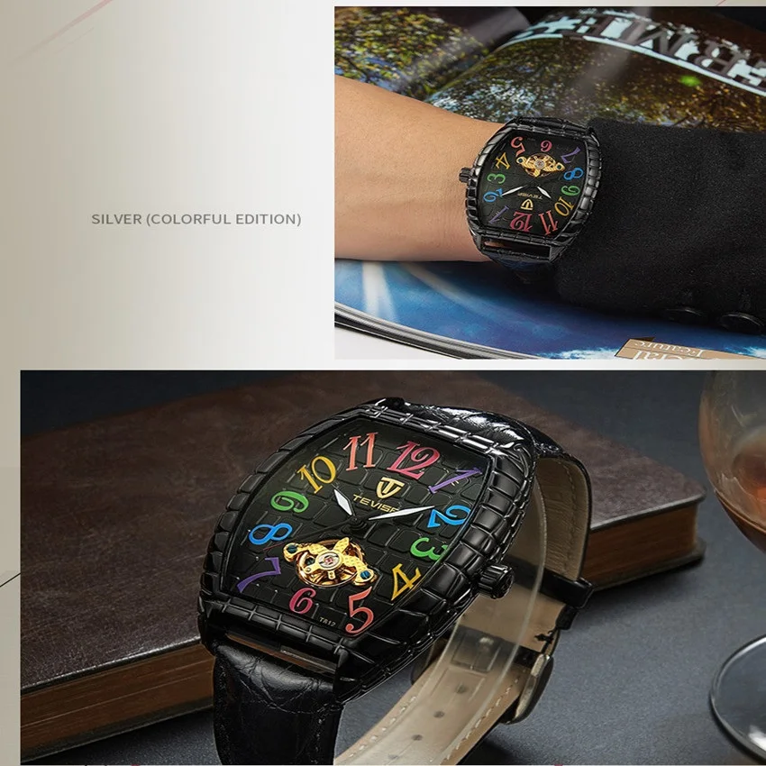 Для мужчин автоматические бизнес квадратный циферблат дизайн кожа механические часы с ремешком TEVISE Tourbillon Спорт Военная Униформа Relogio Masculino T812