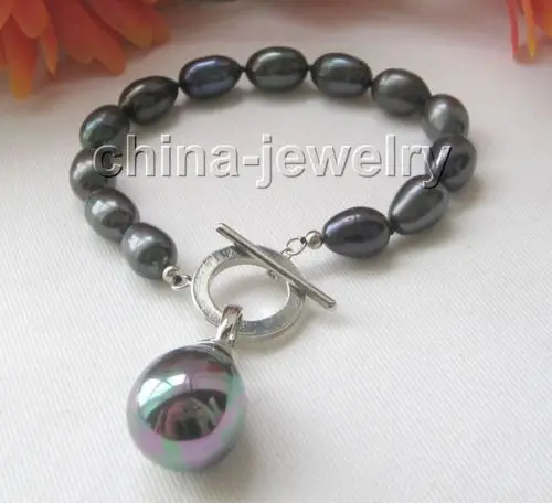 

8" 12mm black baroque freshwater pearl bracelet & 20mm shell pendant @^Noble style Natural Fine jewe FREE SHIPPING