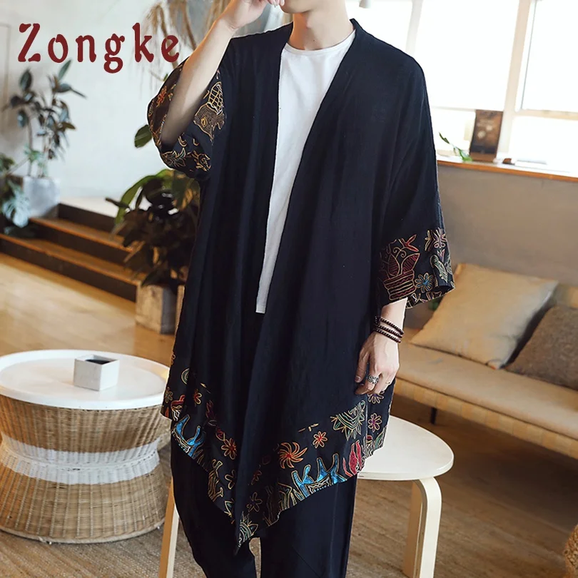 Zongke китайское длинное кимоно кардиган пальто японское кимоно мужская куртка уличная Мужская s кимоно куртка Мужская хип-хоп ветровка