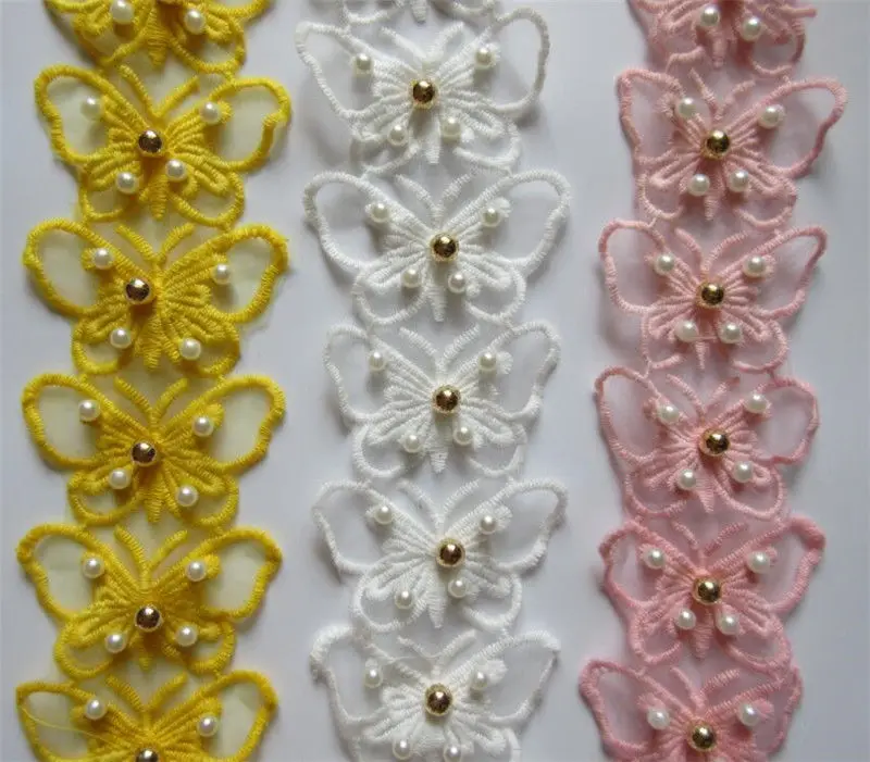 

10x Butterfly Pearl Cotton Lace Edge Trim Ribbon Applique Patches Dress Fabric Sewing Craft Vintage LT0614