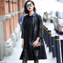 Ptslan 2016 Women s Genuine Lambskin Leather Long Coats Long Sleeve Jacket