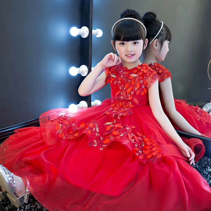 

2018 Children Flower Girl Mesh Long Dress Wedding Party Summer Princess Dress Girl Model Show For First Communion Dresses E155