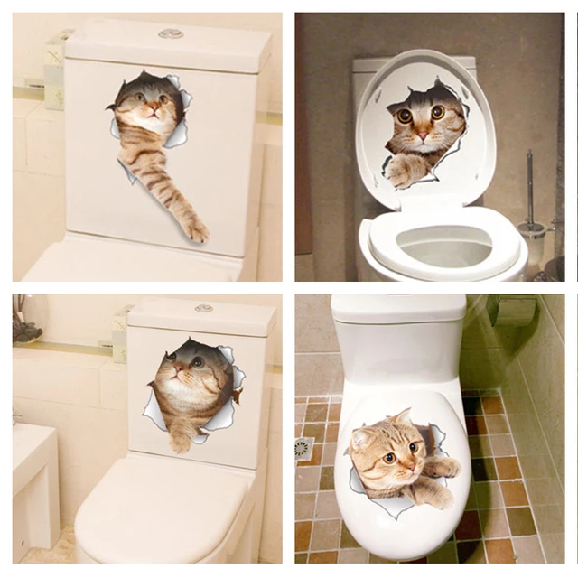 3D Cats Wall Sticker Toilet Stickers Hole View Vivid Dogs Bathroom Room Decoration Animal PVC Decals Art Sticker Wall Poster