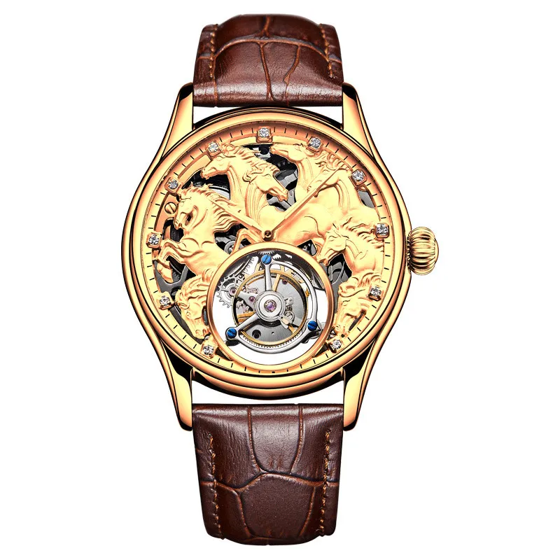Tourbillon механические часы мужские Лидирующий бренд часы сапфировые зеркальные оригинальные ручные обмотки полый ход Мужские t Horse часы 24K позолоченные - Цвет: WSTFLMA-1