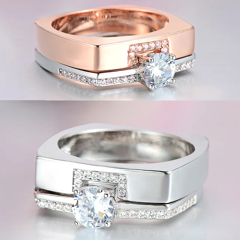 

New silver & rose gold white zircon ring 2pcs/Set couple Bridal Ring Wedding Jewelry Promise Engagement Rings For Women