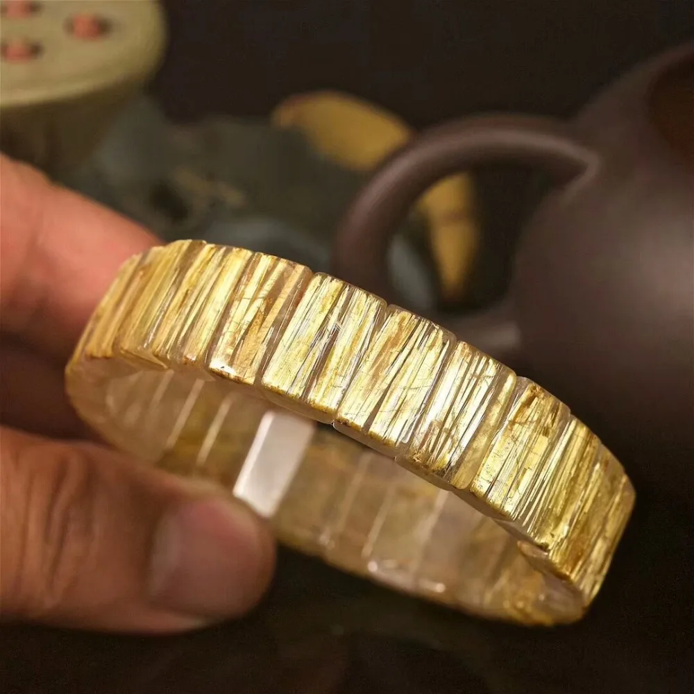 

Fashion Natural Genuine Gold Rutilated Quartz Crystal Rectangle 15x5mm Beads Jewelry Stretch Charm Bracelets AAAAA Certificate