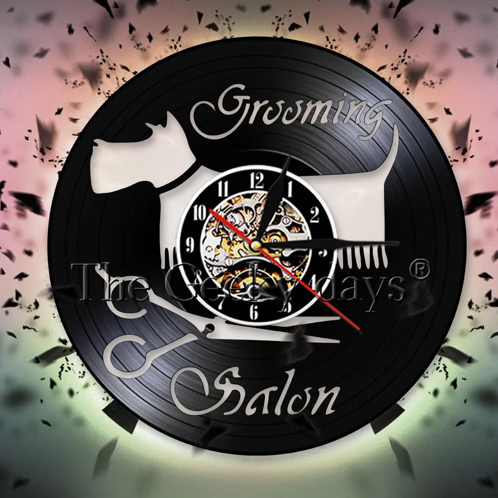 

Groomer Scissor Art Decor Wall Clock Pet Grooming Vinyl Record Wall Clock Wall Watch Personality Puppy Shop Salon Decorative