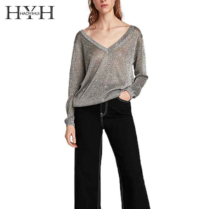 

HYH HAOYIHUI V Nneck Knit Micro Perspective Bright Light Metal Shiny Sweater 2018 New Ladies Simple Youth Bottoming Sweater