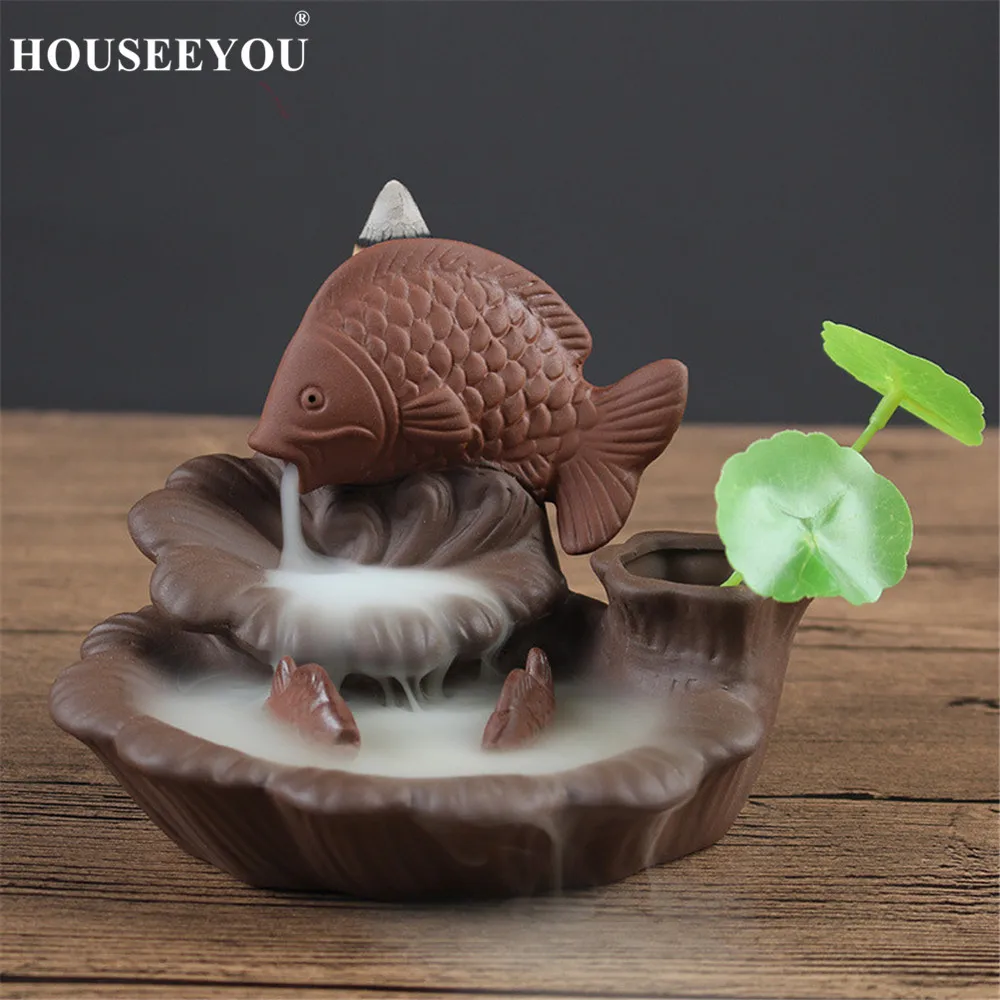

HOUSEEYOU Fish Lotus Decor Backflow Incense Burner Stick Waterfall Incense Holder Aromatherapy Censer Stand New Year Gifts