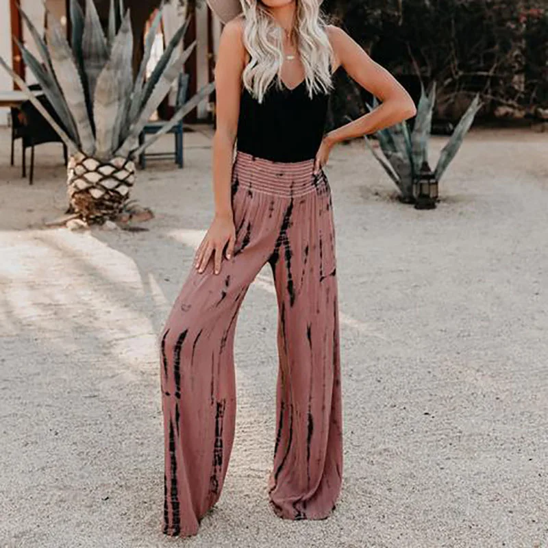 Women Trousers Wide Leg Pants Summer Casual Elastic High Waist Printed Trousers Pants Loose Belt Elasticated Trousers Women Trousers Wide Leg Pants Summer Casual Elastic High Waist Printed Trousers Pants Loose Belt Elasticated Trousers