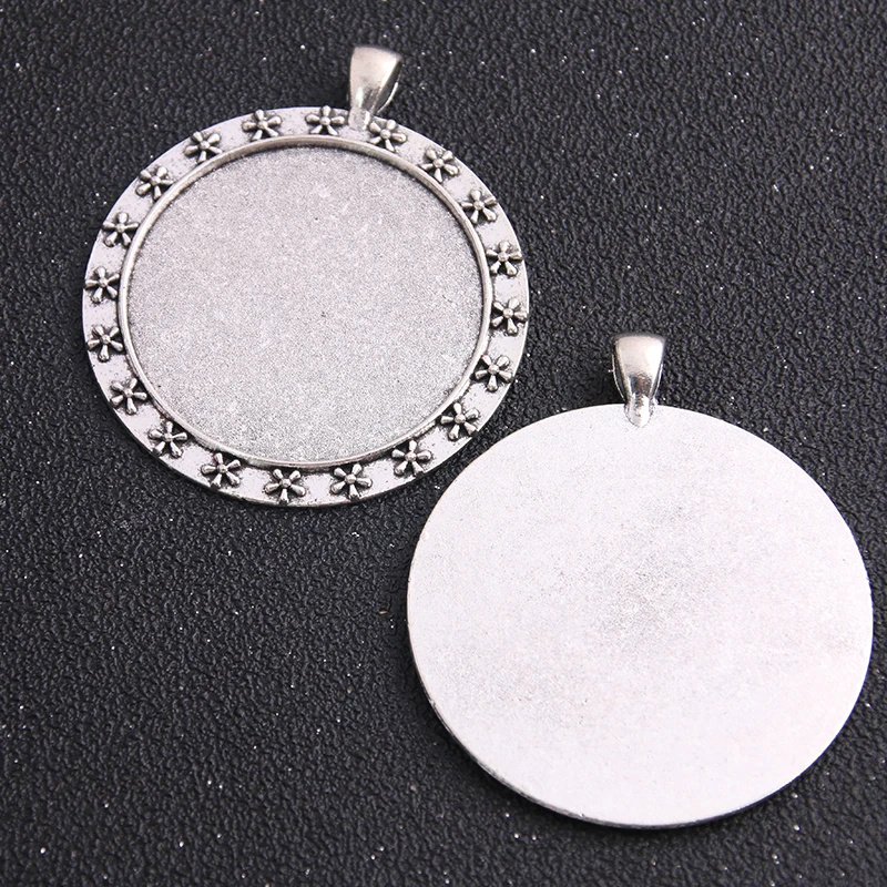 

2pcs/lot Antique Silver Alloy flower 50*59mm(Fit 40mm dia) Round Cabochon Pendant Settings Jewelry Findings 7A1086