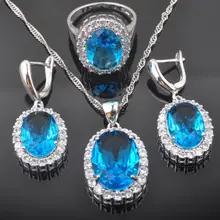 Овальный Небесно-Голубой Кубический Цирконий 925 серебряные ювелирные наборы Женский подарок для свадьбы дня рождения серьги/кулон/ожерелье/кольца QZ0459